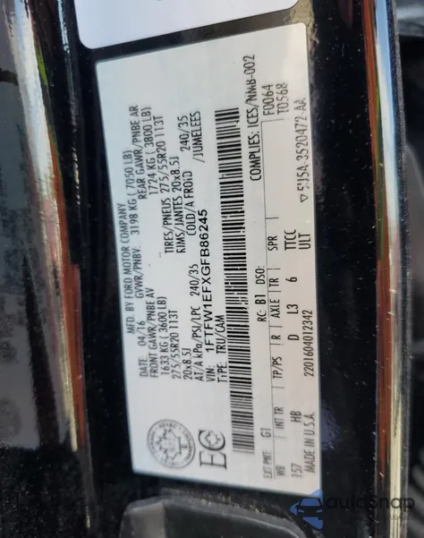 2016 Ford F150 Supercrew z USA, uszkodzony, nr VIN 1FTFW1EFXGFB86245